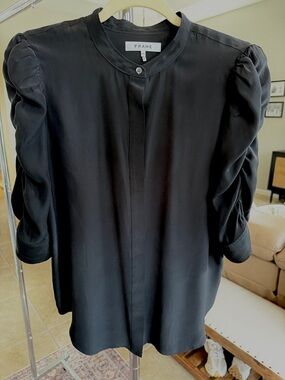 Frame ‘Gillian’ Black 3/4 Puff-Sleeve Silk Blouse